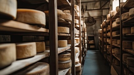 Aged Parmigiano cheese wheels resting on tall wooden shelves in a Parma factory. The setting captures the authentic cheese-making process, showcasing years of tradition.