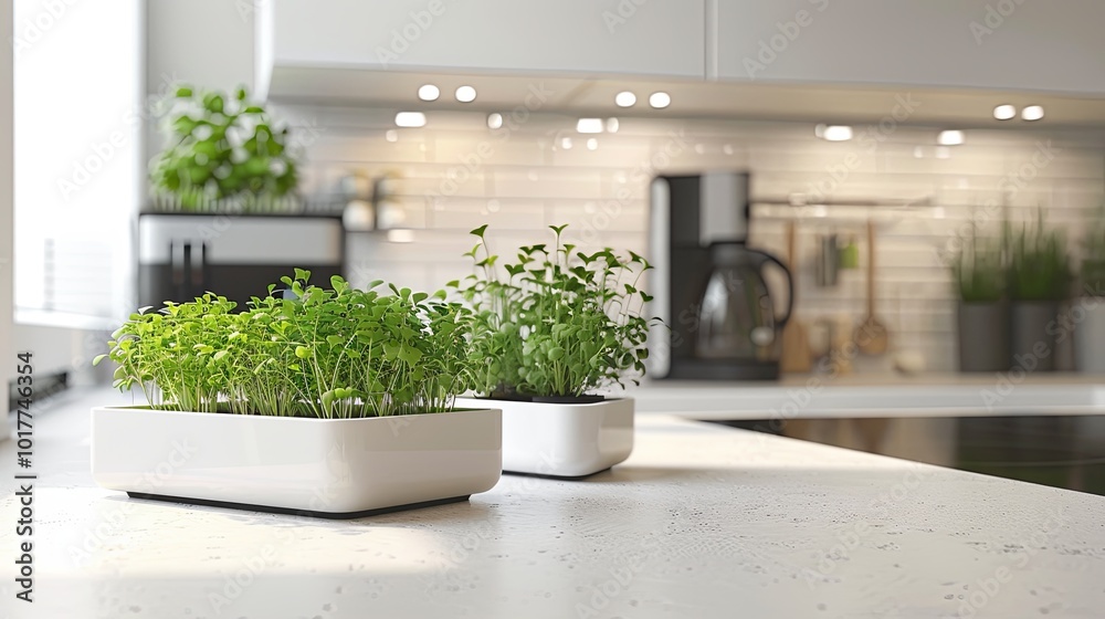 Poster A collection of vibrant microgreens thrives in stylish planters on a kitchen counter with sunlight enhancing the greenery. Generative AI