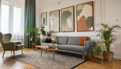 Stylish vintage decor in a spacious flat interior with design grey sofa, armchair, retro commode and posters on the wall. Brwon wooden parquet, stylish carpet and plants. Bright living room.
