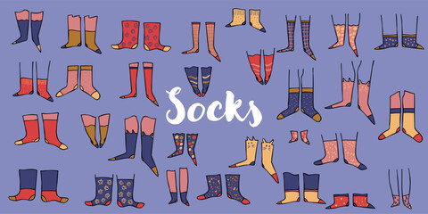 Fun and cute flat vector illustration of legs wearing playful, colorful socks with a simple line design. Perfect for creative projects related to fashion, lifestyle, or quirky accessories