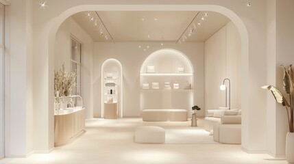 Chic Elegance Luxury Fashion Boutique with Modern White Aesthetic and Stylish Displays