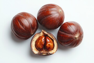 Obraz premium Close-up of fresh chestnuts with one partially open shell and spiky husk on a white background Generative AI