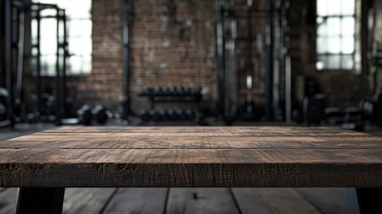 Obraz premium An old wooden tabletop, centered with gym equipment in soft focus behind it, creating a clean space for product mockups or promotional images