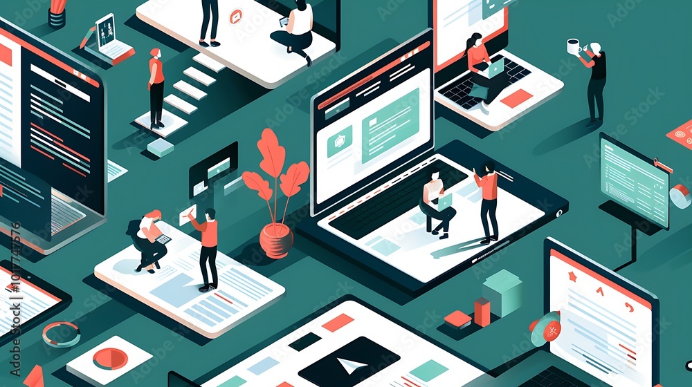 Poster illustration of web development and design. web designers and developers are working on website.