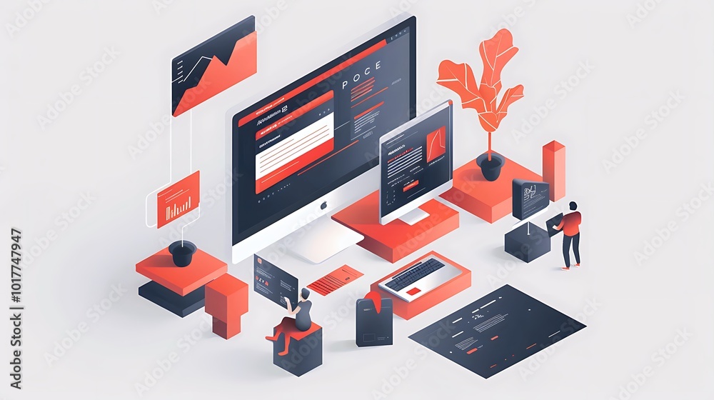 Poster isometric illustration depicting web design and development process with different devices and eleme