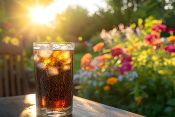 Zoomed-in view of a fizzy soda glass on a terrace table, ice cubes floating, with a vibrant summer garden behind, colorful flowers and dappled sunlight creating a peaceful atmosphere