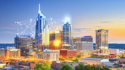 Obraz premium Beautiful night view of Nashvilleaes skyline, skyscrapers glowing with charts and graphs hologram, symbolizing real estate investment and business education. --chaos 70