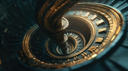 Obraz premium Clock face morphing into spiral staircase, hands moving continuously, timeless energy.
