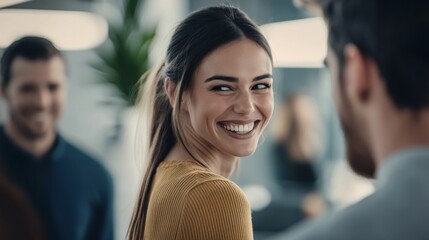 Modern office couple discreetly exchanging smiles during break, capturing subtle workplace romance and connection amidst blurred coworkers.	