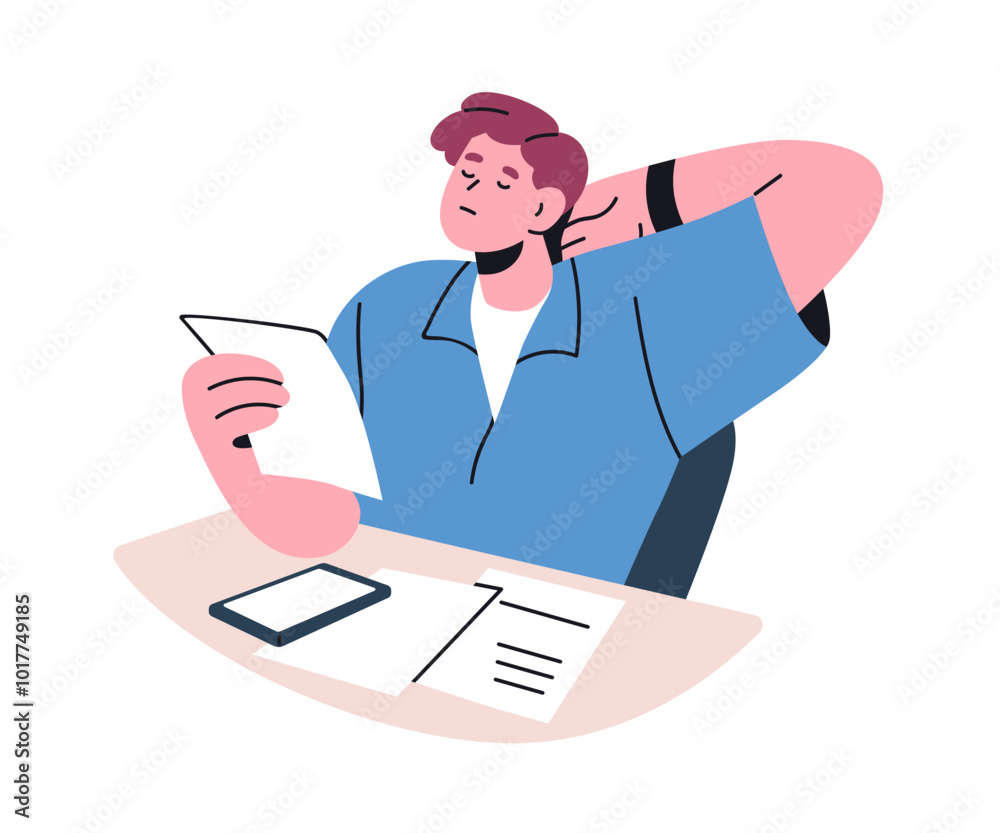 Poster tired office worker sitting at desk, exhausted and bored. burnout and exhaustion concept. fatique la