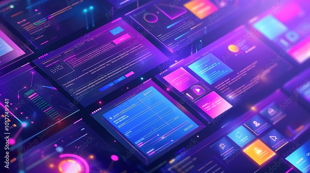 Poster Close-up view of a futuristic digital interface with multiple screens displaying colorful data and graphic elements.