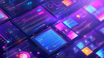 Close-up view of a futuristic digital interface with multiple screens displaying colorful data and graphic elements.