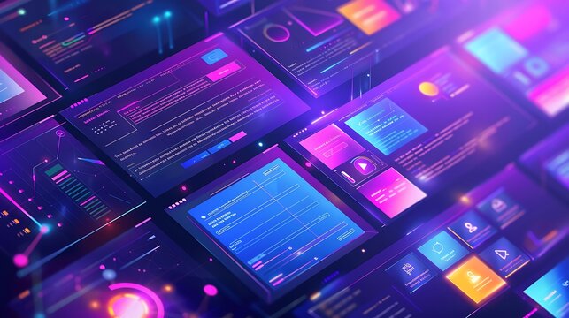Close-up view of a futuristic digital interface with multiple screens displaying colorful data and graphic elements.
