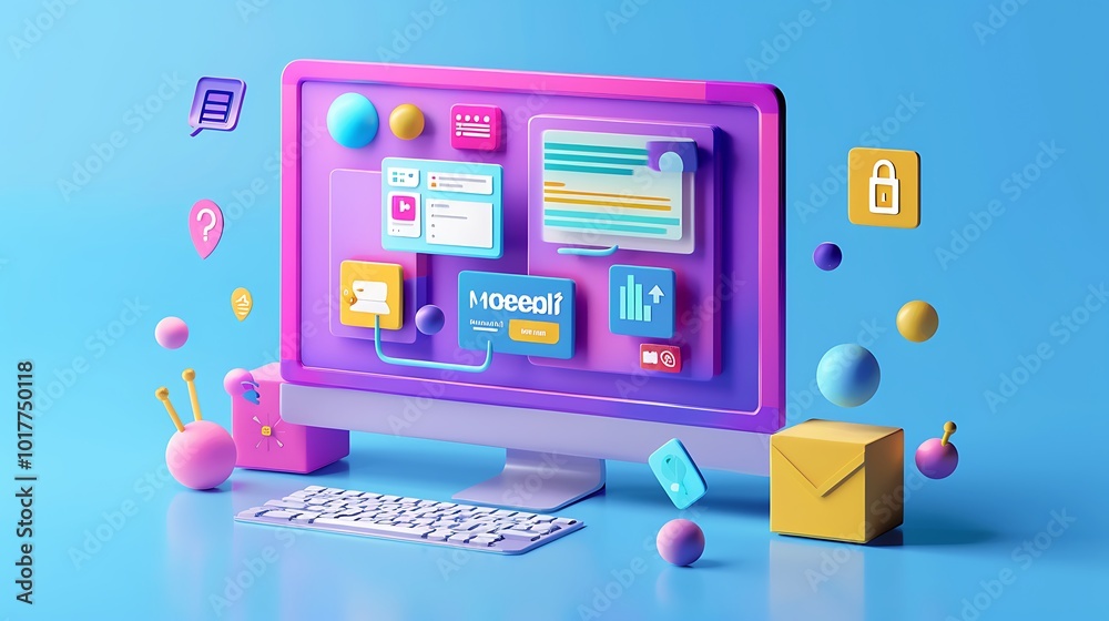 Poster 3d rendered computer with colorful icons floating around it on blue background for representing mode