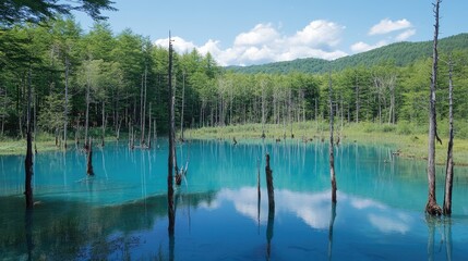 Blue Pond in Hokkaido on a bright summer day, the wateraes striking blue color contrasting with the green forest and submerged tree trunks.