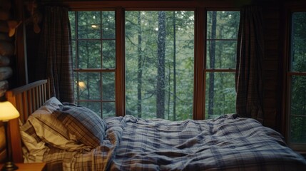Cozy cabin bedroom with a wooden bed frame, flannel bedding, and a view of dense woods from the window.