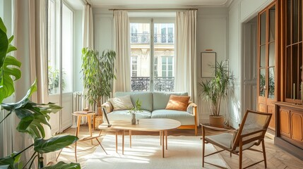 Cozy Parisian bungalow living room with indoor plants, wooden furniture, and soft pastel colors enhancing tranquility.