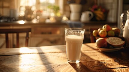 Morning light streams into a cozy kitchen, highlighting a glass of milk on a wooden table beside fresh fruits. Generative AI