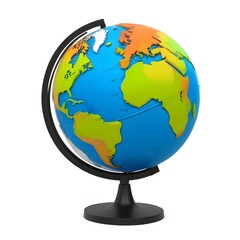 A colorful globe showing the continents and oceans of the Earth, displayed on a black stand