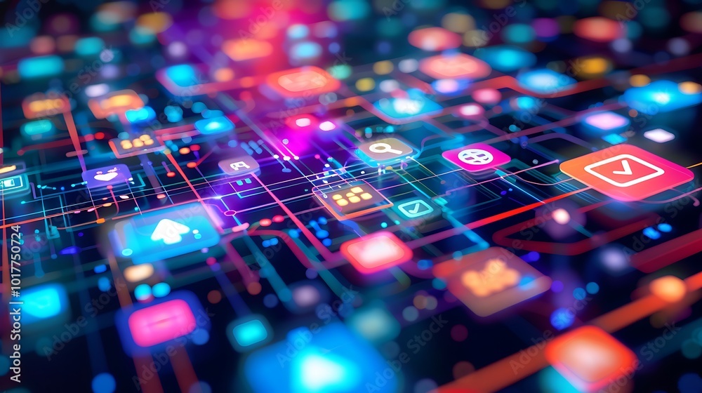 Poster 3d rendering of a futuristic digital network with glowing neon icons. this concept image shows a net