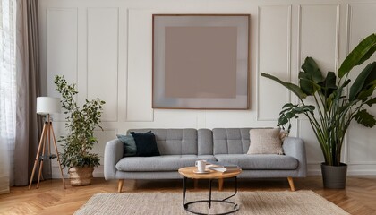 Fototapeta premium Elegant retro living room with design grey sofa, coffee table, lamp, plants and furniture. Mock up posters frame on the white walls. Minimalistic room with brown wooden parquet and design lamp.