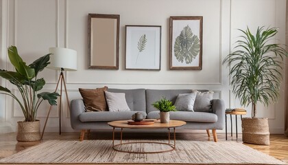 Elegant retro living room with design grey sofa, coffee table, lamp, plants and furniture. Mock up posters frame on the white walls. Minimalistic room with brown wooden parquet and design lamp.