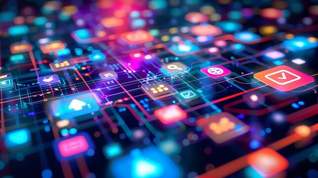 3D rendering of futuristic digital network with glowing neon icons for connected data apps and social media visualization advanced technology innovation cyber connectivity concept.