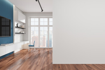 Home living room interior with tv screen, table, drawer and window. Mockup wall