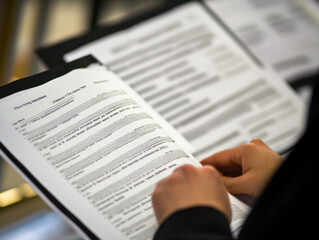 A person reviewing printed documents, possibly for a meeting or presentation.