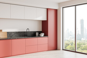 Modern kitchen interior with coral and white cabinetry. 3D Rendering