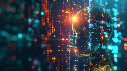 abstract representation of artificial intelligence with humanoid head constructed from digital code and data for symbolizing intricate workings of the mind concept.