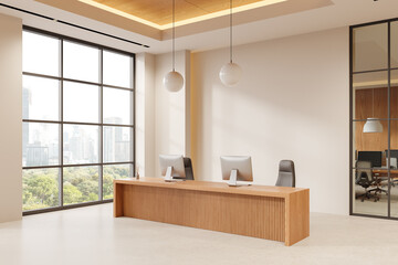 Modern open-space office with a wooden desk, two computers, and large windows overlooking a cityscape. Minimalist interior design with neutral tones. 3D Rendering