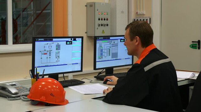 Process technologist analyzes production data on screen to increase efficiency and ensure smooth operation, using data-driven decisions to enhance productivity and optimize workflows effectively.