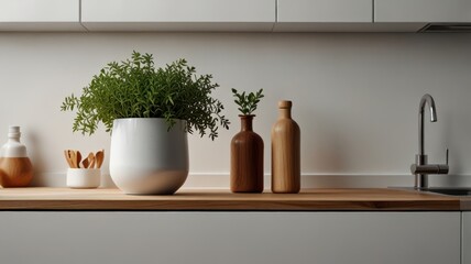 A white ceramic pot with a green plant, two wooden bottles, and a wooden bowl with wooden spoons on a wooden countertop.
