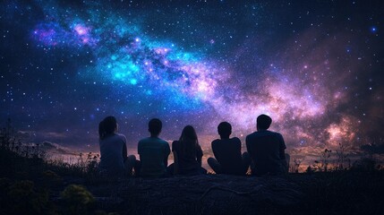 Fototapeta premium Friends relaxing under a vibrant starry night sky, watching stars and galaxy, enjoying a magical evening.