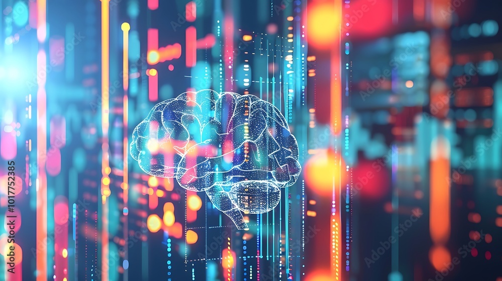 Poster abstract digital representation of a brain surrounded by data stream, technology concept.