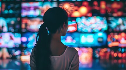Woman stands facing a wall of digital screens, the bright lights reflecting off her silhouette.