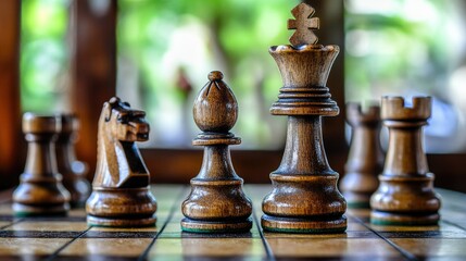 Fototapeta premium Chess pieces in action on a board, with a close-up of key pieces like the queen and rook. The game represents careful decision-making and strategic play.