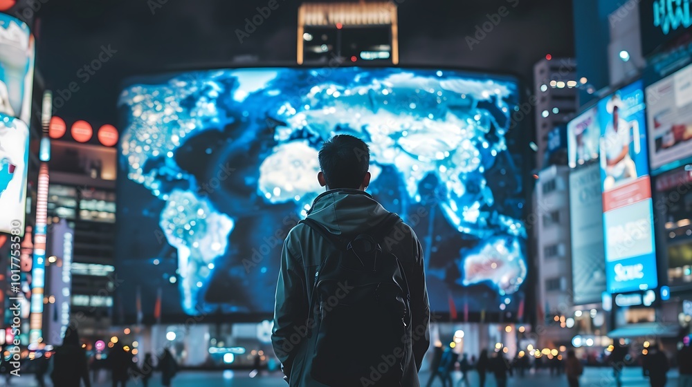 Poster man stands in front of a large screen displaying a world map in a bustling urban setting.