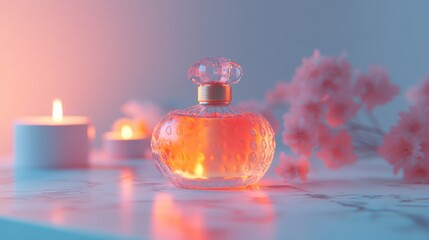 A vintage-inspired perfume bottle glowing softly in a serene ambiance, surrounded by gentle candlelight and floral arrangements, evoking a sense of calm elegance.