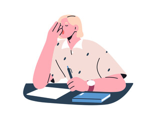 Tired exhausted woman yawning at work. Sleepy bored unmotivated employee. Fatigue drowsy student. Apathy, boredom, lack of energy concept. Flat vector illustration isolated on white background