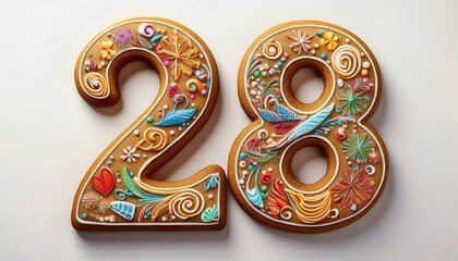 Obraz premium Decorated cookie, number 28, illustration for birthday or anniversary celebration