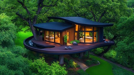 Obraz premium A luxury treehouse built into ancient oak trees, modern architecture seamlessly blending with nature, aerial view, vibrant greens and earthy tones