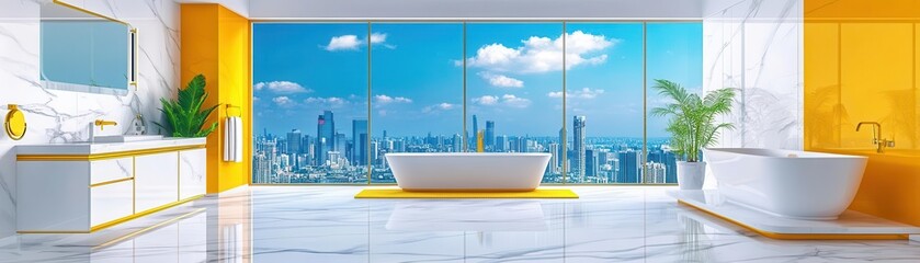 Fototapeta premium Luxury loft with marble floors, gold accents, and a glass-walled bathroom overlooking the city, Contemporary, 3D, bright white and gold tones