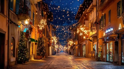 Fototapeta premium Christmas lights twinkle along Riva del Garda Street at night, creating a magical ambiance as they reflect on the buildings and cobbled walkways of the town center.