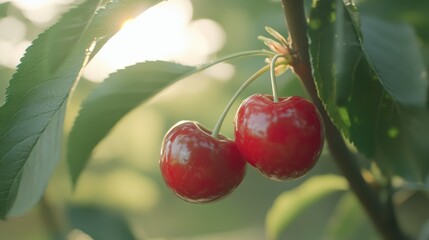 Macro shot of glossy red cherries, single stem with double cherry focus.