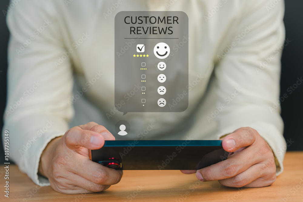 Poster customer engage in a satisfaction survey, using an online application to rate their service experien