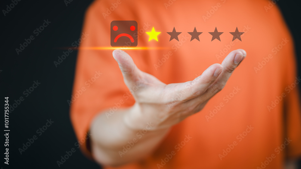 Aufkleber notification concept of customer dissatisfaction manifest through virtual interaction, accompanied b