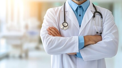 Doctor Confidently Standing in Modern Hospital with Bright Background