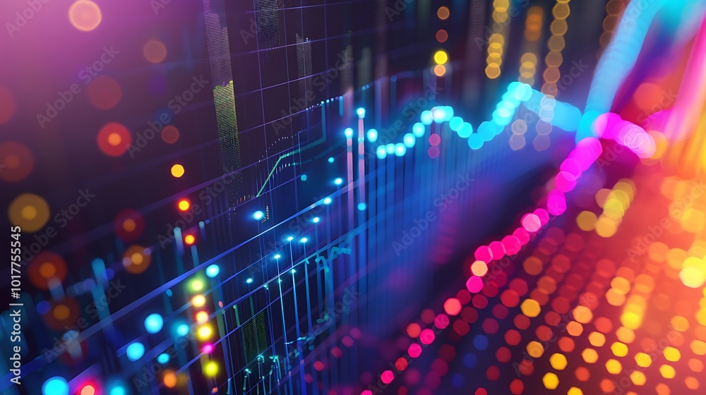 Poster abstract data visualization with colorful lines and dots, representing growth, analytics, and the co